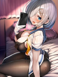  :d absurdres arm_support bed bedroom black_bra black_pantyhose blue_eyes blue_sailor_collar blurry blurry_background blush bra breasts cellphone commentary_request female gloves grey_hair hair_over_one_eye hamakaze_(kancolle) highres holding holding_phone indoors kantai_collection lace-trimmed_bra lace_trim large_breasts long_hair looking_at_viewer on_bed open_clothes open_mouth open_shirt pantyhose phone sailor_collar school_uniform serafuku shirt short_hair short_sleeves sitting smartphone smile solo torisan underwear white_gloves white_shirt 