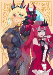  2girls abs absurdres armor baobhan_sith_(fate) baobhan_sith_(first_ascension)_(fate) bare_shoulders barghest_(fate) barghest_(second_ascension)_(fate) black_dress black_gloves blonde_hair blue_eyes breasts brown_legwear center_frills chains covered_navel detached_collar detached_sleeves dress earrings elbow_gloves fate/grand_order fate_(series) frills gauntlets gloves grey_eyes heterochromia highres horns jewelry karakusa.p large_breasts long_hair looking_at_viewer multiple_girls open_mouth pantyhose pauldrons pelvic_curtain pink_hair pointy_ears red_dress red_eyes shoulder_armor sideboob sidelocks single_gauntlet single_pauldron smile thighs tiara 