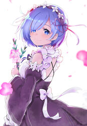  asymmetrical_bangs black_dress black_sleeves blue_eyes blue_hair detached_sleeves dress female flag flower frilled_hairband frills from_side gladiolus hair_ornament hair_over_one_eye hair_ribbon hairband highres holding holding_flag looking_at_viewer looking_back maid petals pink_flower re:zero_kara_hajimeru_isekai_seikatsu red_ribbon rem_(re:zero) ribbon roswaal_mansion_maid_uniform short_hair sleeveless sleeveless_dress solo standing white_background wind x_hair_ornament yuu-yuu 