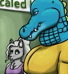  2023 alligatorid anthro azrael_(tertia) azurlligator black_nose blue_body blue_eyes blue_lipstick blue_scales blush breasts bulging_neck canid canine canis chest_tuft cleavage clothed clothing crocodilian digital_drawing_(artwork) digital_media_(artwork) duo eyebrows eyelashes fangs female fur girl_staring_at_man&#039;s_chest green_wall grey_body grey_fur grey_hair hair half-closed_eyes hi_res inner_ear_fluff interspecies large_pecs larger_male lips lipstick looking_at_another looking_at_partner looking_down makeup male male/female mammal multicolored_body multicolored_scales muscular muscular_anthro muscular_male narrowed_eyes nathile_tiduna orange_clothing orange_shirt orange_topwear pecs ponytail pupils purple_clothing purple_shirt purple_tank_top purple_topwear reptile scales scalie scutes shirt sign size_difference skywater slit_pupils smaller_female snout tank_top teeth topwear tuft wall_(structure) wavy_hair wolf yellow_scutes 