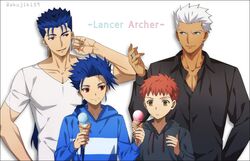  4boys akujiki59 alternate_costume archer_(fate) black_hoodie black_shirt blue_hair blue_hoodie closed_mouth collarbone collared_shirt commentary_request cu_chulainn_(fate) cu_chulainn_(fate/stay_night) dark-skinned_male dark_skin earrings emiya_shirou fate/stay_night fate_(series) food grey_background hand_up holding hood hood_down hoodie ice_cream ice_cream_cone jewelry long_hair long_sleeves looking_at_another male_focus multiple_boys parted_lips red_eyes red_hair shirt short_hair simple_background smile teeth white_hair white_shirt 