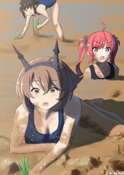  3girls azur_lane black_eyes blue_eyes blue_one-piece_swimsuit breasts brown_hair cleavage collarbone commentary_request crossover dirty fubuki_(kancolle) green_eyes hair_ornament hairband headgear highres kantai_collection large_breasts long_hair misumi_(niku-kyu) mud multiple_girls mutsu_(kancolle) one-piece_swimsuit open_mouth red_hair rice_paddy rice_planting san_diego_(azur_lane) school_swimsuit short_hair swimsuit twintails twitter_username 