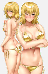  absurdres ass bikini blonde_hair breasts cagalli_yula_athha embarrassed female from_behind gold_bikini gundam gundam_seed highres karasu_(jjwh2832) looking_at_viewer looking_back medium_breasts medium_hair navel shiny_clothes shiny_skin shiny_swimsuit side-tie_bikini_bottom skindentation standing stomach string_bikini swimsuit yellow_eyes 