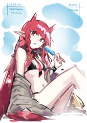  :o arknights bare_shoulders bikini black_bikini commentary deel_(rkeg) detached_collar female food grey_jacket highres holding horns jacket long_hair looking_at_viewer navel off_shoulder official_alternate_costume one-hour_drawing_challenge parted_lips pointy_ears popsicle red_eyes red_hair sidelocks sitting solo string_bikini swimsuit thighs very_long_hair vigna_(arknights) vigna_(casual_vacation)_(arknights) 