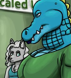  2023 alligatorid anthro azrael_(tertia) azurlligator big_breasts black_nose blue_body blue_clothing blue_eyes blue_lips blue_lipstick blue_scales blue_shirt blue_tank_top blue_topwear blush breasts bulging_neck canid canine canis chest_tuft cleavage clothed clothing crocodilian digital_drawing_(artwork) digital_media_(artwork) duo eyebrows eyelashes fangs female fur girl_staring_at_man&#039;s_chest green_clothing green_shirt green_topwear green_wall grey_body grey_fur grey_hair hair half-closed_eyes hi_res inner_ear_fluff interspecies large_pecs larger_female lips lipstick looking_at_another looking_at_partner looking_down makeup male male/female mammal multicolored_body multicolored_scales muscular muscular_anthro muscular_female narrowed_eyes nathile_tiduna non-mammal_breasts pecs pupils reptile scales scalie scutes shirt sign size_difference skywater slit_pupils smaller_male snout tank_top teeth topwear tuft wall_(structure) wavy_hair wolf yellow_scutes 