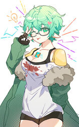  ;p bare_shoulders black-framed_eyewear black_gloves black_shorts blush breasts cleavage closed_mouth commentary core_crystal_(xenoblade) cosplay cowboy_shot female fingerless_gloves fur-trimmed_jacket fur_trim glasses gloves green_eyes green_hair green_jacket hand_up highres jacket light_bulb long_sleeves looking_at_viewer medium_breasts off_shoulder one_eye_closed pandoria_(xenoblade) persona persona_5 pointy_ears puffy_long_sleeves puffy_sleeves sakura_futaba sakura_futaba_(cosplay) semi-rimless_eyewear shirt short_shorts shorts simple_background sleeves_past_wrists smile solo stephanieh81080 tongue tongue_out under-rim_eyewear white_background white_shirt xenoblade_chronicles_(series) xenoblade_chronicles_2 