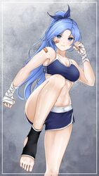  absurdres bae_minah_(chaesu) bandaged_hand bandages bandaid bandaid_on_cheek bandaid_on_face bandaid_on_shoulder bare_arms bare_legs bare_shoulders black_socks blue_eyes blue_hair blue_ribbon blue_shorts blue_sports_bra blush borrowed_character breasts cleavage commentary crop_top dolphin_shorts english_commentary female foot_out_of_frame foxie30 hair_ribbon hand_up highres long_hair looking_at_viewer medium_breasts midriff original parted_lips ponytail ribbon short_shorts shorts socks solo sports_bra standing standing_on_one_leg stomach thighs toeless_legwear very_long_hair wrist_wrap 