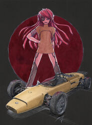  arm_behind_back black_thighhighs brown_shirt car eyepatch female floating_hair formula_one formula_racer garter_straps hi_fumiyo highres honda honda_ra270 long_hair motor_vehicle one_eye_covered open_mouth original personification race_vehicle racecar red_hair shadow shirt signature smile solo thighhighs traditional_media vehicle_and_personification vehicle_focus very_long_hair 