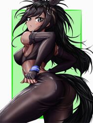  animal_ears arched_back armpits ass back black_hair blush border breasts bridle brown_eyes brown_hair brown_sports_bra brown_thoroughbred_(kemono_friends) covered_nipples cowboy_shot dark-skinned_female dark_skin elbow_gloves extra_ears female fingerless_gloves from_side gloves heta2624 highres horse_ears horse_girl horse_tail japan_racing_association kemono_friends long_hair looking_at_viewer medium_breasts multicolored_hair outside_border pants parted_bangs parted_lips solo sports_bra sportswear sweat tail tight_clothes tight_pants two-tone_hair very_long_hair white_border yoga_pants 