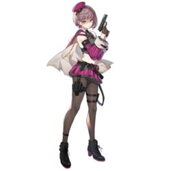  artist_request belt beret black_belt black_footwear black_necktie boots braid breasts brown_eyes brown_gloves brown_hair brown_pantyhose cape closed_mouth colored_shoe_soles crop_top false_smile female fingerless_gloves full_body girls&#039;_frontline gloves grey_shirt gun handgun hat holding holding_gun holding_weapon holstered light_blush looking_at_viewer medium_breasts miniskirt navel necktie official_art pantyhose purple_cape purple_skirt shaded_face shirt short_hair simple_background skirt smile solo standing third-party_source transparent_background type_92_(girls&#039;_frontline) type_92_(handgun) type_92_(mod3)_(girls&#039;_frontline) weapon 