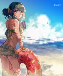  beach bikini commentary_request drink female frilled_bikini frills from_behind futaba_sana futaba_sana_(swimsuit_costume) green_eyes green_hair holding holding_swim_ring innertube magia_record:_mahou_shoujo_madoka_magica_gaiden mahou_shoujo_madoka_magica outdoors parted_lips ribbon solo swim_ring swimsuit totte 