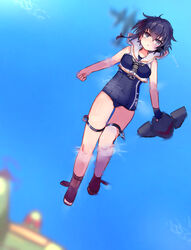  afloat aircraft airplane asymmetrical_hair black_hair black_one-piece_swimsuit boots breasts brown_eyes brown_neckerchief female framed_breasts from_above gloves hair_between_eyes hat headphones high_heel_boots high_heels i-14_(kancolle) kantai_collection lips looking_up lying megane_poni neckerchief ocean one-piece_swimsuit outdoors partially_fingerless_gloves partially_submerged ripples sailor_collar school_swimsuit shirt short_hair single_glove small_breasts swimming swimsuit toeless_footwear unworn_headgear water wet 