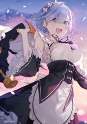  :d apron bare_shoulders black_dress black_jacket blue_eyes blue_hair blush breasts commentary_request cowboy_shot detached_sleeves dress female frilled_dress frills from_below hand_up jacket large_breasts long_sleeves looking_at_viewer maid maid_apron maid_headdress medium_breasts re:zero_kara_hajimeru_isekai_seikatsu rem_(re:zero) roswaal_mansion_maid_uniform sample_watermark short_hair smile solo teeth tomari_(veryberry00) upper_teeth_only waist_apron watermark wide_sleeves 