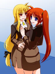  2girls black_ribbon blonde_hair blush breasts couple engo_(aquawatery) fate_testarossa hair_ribbon happy long_hair looking_at_another lyrical_nanoha mahou_shoujo_lyrical_nanoha_strikers military military_uniform multiple_girls no_legwear orange_hair purple_eyes red_eyes ribbon side_ponytail simple_background takamachi_nanoha thighs tsab_ground_military_uniform uniform yuri 