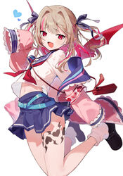  bag belt black_footwear blue_belt blue_ribbon blue_skirt blush bow brown_hair demon_girl demon_wings female hair_ribbon hakasesuitchi handbag heart heart_tattoo leg_tattoo light_brown_hair long_hair makaino_ririmu makaino_ririmu_(4th_costume) midriff multicolored_hair navel nijisanji oerba_yun_fang open_mouth pink_hair pointy_ears red_bag red_eyes red_wings ribbon school_uniform simple_background skin_fang skirt sleeves_past_fingers sleeves_past_wrists smile solo streaked_hair tattoo tongue uniform virtual_youtuber white_background wings 