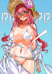  !? alternate_costume azur_lane bad_id bad_pixiv_id bikini blue_background blush breasts chanel cleavage collarbone female green_eyes groin hair_between_eyes hat head_tilt highres large_breasts long_hair looking_at_viewer looking_over_eyewear navel official_alternate_costume orange-tinted_eyewear parted_lips red_hair signo_aaa simple_background solo straw_hat sun_hat sunglasses surcouf_(azur_lane) surcouf_(loisirs_balneaires)_(azur_lane) swimsuit tinted_eyewear very_long_hair white_bikini 