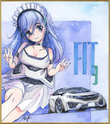  black_hairband blue_choker blue_eyes blue_hair blush border breasts brown_border car choker cleavage collarbone dress female hairband head_tilt hi_fumiyo highres honda honda_fit long_hair maid_headdress motor_vehicle original personification sitting skirt smile solo traditional_media vehicle_and_personification white_dress white_skirt 