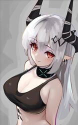  arknights bare_shoulders blush breasts cleavage closed_mouth commentary ear_piercing female grey_background grey_hair hair_between_eyes hige_qr horns large_breasts long_hair looking_at_viewer mudrock_(arknights) piercing pointy_ears red_eyes smile solo upper_body very_long_hair 