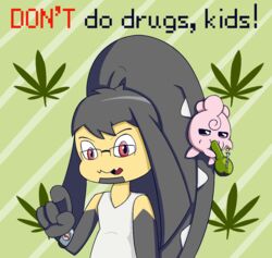  2_mouths anthro binary_drawing bong clothed clothing drugs duo eyewear female generation_2_pokemon generation_3_pokemon gesture glasses hand_gesture igglybuff looking_at_viewer male marijuana mawile mhicky93 mhicky_(mhicky93) multi_mouth nintendo pointing pointing_at_viewer pokemon pokemon_(species) simple_background tiva_(mhicky93) 