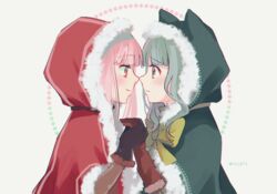  2girls eye_contact face-to-face fur-trimmed_hood fur_trim futaba_sana green_eyes green_hair holding_hands hood looking_at_another magia_record:_mahou_shoujo_madoka_magica_gaiden mahou_shoujo_madoka_magica multiple_girls noses_touching pink_eyes pink_hair ribbon tamaki_iroha totte yuri 