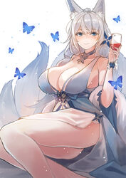  alcohol animal_ear_fluff animal_ears ass azur_lane blue_butterfly blue_collar blue_dress blue_eyes breasts bug butterfly center_opening cleavage cocktail_dress collar commentary_request cup dress drinking_glass evening_gown feather_boa feet_out_of_frame female fox_ears halter_dress halterneck holding holding_cup kitsune kyuubi large_breasts large_tail looking_at_viewer multiple_tails official_alternate_costume sea_nami shinano_(azur_lane) shinano_(dreams_of_the_hazy_moon)_(azur_lane) simple_background sitting solo tail white_background white_hair white_tail wine wine_glass wrist_flower 