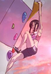  arm_up armpits bare_arms bare_legs bike_shorts black_eyes black_hair breasts climbing climbing_wall cloud day feet_out_of_frame female from_side hair_ornament hairclip iwakakeru!_sport_climbing_girls light_blush long_hair medium_breasts midriff outdoors pink_sky rock_climbing shoes sidelocks sky sneakers solo sports_bra uehara_jun watanabe_yoshihiro 