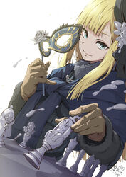  absurdres aqua_eyes artist_logo bishop_(chess) black_hat blonde_hair brown_gloves chess_piece closed_mouth commentary crown dated eye_mask fate_(series) female flower fur_collar gloves gray_(fate) grey_flower hair_flower hair_ornament hat highres king_(chess) knight_(chess) long_hair long_sleeves looking_at_viewer lord_el-melloi_ii lord_el-melloi_ii_case_files mask pawn_(chess) pig3rd queen_(chess) reines_el-melloi_archisorte rook_(chess) rose signature smile solo trimmau_(fate) waver_velvet white_flower white_rose 