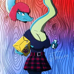  1:1 abstract_background absurd_res anthro beverage beverage_can big_breasts blue_body blue_eyes bottomwear brachiosaurid brachiosaurus breasts cavemanon_studios cleavage clothed clothing dinosaur extinct female hair hi_res i_wani_hug_that_gator juice_box liz_farlane long_neck looking_at_viewer monster_energy monster_energy_can multicolored_body non-mammal_breasts offering_to_viewer prehistoric_species psychedelic_background red_hair reptile sauropod sauropodomorph scalie skirt solo theumslayer two_tone_body 