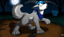  after_transformation all_fours awoo bandana blue_bandanna blue_eyes blue_hair blue_kerchief blue_pawpads blush canid canine canis catmonkshiro costume_transformation english_text feral forest forest_background full_moon fur grey_body grey_fur hair howl human_to_feral kerchief male mammal moon nature nature_background pawpads permanent permanent_transformation plant solo species_transformation text transformation tree wolf 