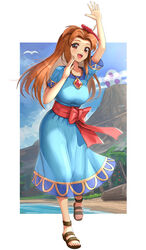  absurdres beach blue_dress breasts brown_eyes dress egg female gonzarez highres jewelry large_breasts long_hair marin_(zelda) mountain necklace open_mouth orange_hair sandals solo the_legend_of_zelda the_legend_of_zelda:_link&#039;s_awakening windfish&#039;s_egg 