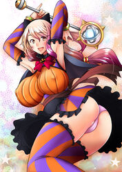  armpits arms_up ass bad_id bad_twitter_id black_bow black_skirt bow bowtie bracelet breasts brooch commentary detached_collar female frilled_skirt frills from_side hairbow halloween halloween_costume holding holding_weapon huge_breasts impossible_clothes impossible_shirt jack-o&#039;-lantern_brooch jack-o&#039;-lantern_ornament jewelry long_hair looking_at_viewer looking_back low-tied_long_hair mace miniskirt open_mouth orange_shirt original panties pink_eyes pink_hair purple_panties sakai_hamachi shirt skirt smile solo standing starry_background thighhighs underwear weapon 