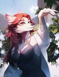  2023 absurd_res anthro black_clothing black_topwear canid clothed clothing female flower hair half-length_portrait hi_res leaf long_hair mammal markings outside plant portrait red_eyes red_hair red_markings sky smile solo topwear unknowhiter white_body white_clothing white_flower white_topwear 