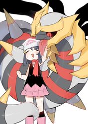  beanie black_hair commentary_request dawn_(pokemon) female giratina giratina_(origin) hat highres hufy korean_commentary licking pink_skirt pokemon pokemon_(creature) pokemon_dppt red_eyes red_scarf saliva scarf skirt smile standing sweatdrop tail tail_wrap tentacle tongue tongue_out 