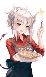  :d ahoge apron clothes_writing collared_shirt cream cream_on_face crepe demon_girl demon_horns demon_tail female food food_on_face fork helltaker highres holding horns huwari_(dnwls3010) long_hair looking_at_viewer lucifer_(helltaker) mirrored_text mole mole_under_eye oerba_yun_fang open_mouth plate ponytail red_eyes red_shirt shirt sidelocks simple_background smile solo sparkle tail tail_raised upper_body v-shaped_eyebrows white_background white_hair 