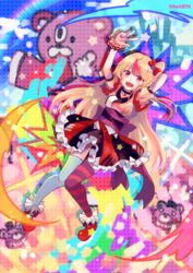  :d ashley_taylor blonde_hair blunt_bangs dress female frilled_dress frills highres long_hair magia_record:_mahou_shoujo_madoka_magica_gaiden magical_girl mahou_shoujo_madoka_magica multicolored_background multicolored_hair pink_hair ribbon short_sleeves smile solo thighhighs totte v 