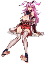  absurdres alternate_eye_color animal_ears bare_shoulders breasts cleavage closed_mouth feet female foot_focus fox_ears full_body ga320aaa highres honkai_(series) honkai_impact_3rd japanese_clothes large_breasts legs long_hair looking_at_viewer miko panties pink_eyes pink_hair pink_skirt simple_background skirt soles solo stirrup_legwear thighhighs toeless_legwear toenails toes underwear white_background white_panties white_sleeves white_thighhighs yae_sakura yae_sakura_(gyakushinn_miko) 