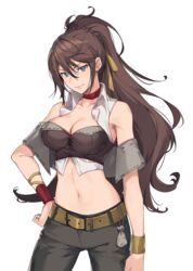  arm_at_side blue_eyes braid breasts brown_hair bustier choker cleavage closed_mouth cowboy_shot crown_braid earrings eternal_radiance female game_cg hair_between_eyes hair_ribbon hand_on_own_hip jewelry large_breasts long_hair looking_at_viewer midriff nagu navel non-web_source official_art ponytail ribbon ribbon_choker ribbon_trim smile solo transparent_background wristband 