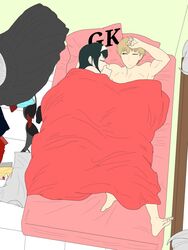  1boy bed closed_eyes commentary_request female gabkur highres self-upload sleeping sleeping_on_person spy_x_family twilight_(spy_x_family) waking_up yor_briar 