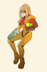  arm_cannon armor artist_name assault_visor blonde_hair blue_eyes closed_mouth commentary english_commentary female full_body green_visor hair_between_eyes helmet highres holding holding_helmet long_hair looking_at_viewer metroid oxcoxa ponytail power_armor power_suit_(metroid) samus_aran science_fiction signature simple_background solo unworn_headwear unworn_helmet weapon yellow_background 