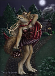  anthro arania basket blonde_hair bottomwear breasts brown_body brown_fur canid canine canis cloak clothed clothing container fairy_tales female forest fur hair little_red_riding_hood little_red_riding_hood_(copyright) mammal moon night outside plant shy skirt solo tree wolf 