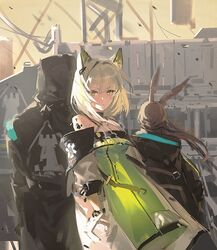  1other 2girls ambiguous_gender amiya_(arknights) animal_ear_fluff animal_ears arknights bare_shoulders black_choker black_cloak brown_hair cat_ears cat_girl choker cloak doctor_(arknights) dress frischenq green_dress green_eyes green_hair hair_intakes hair_ornament hairclip hood hood_up hooded_cloak kal&#039;tsit_(arknights) long_hair material_growth multiple_girls off_shoulder oripathy_lesion_(arknights) rabbit_ears rhodes_island_logo_(arknights) signature star_of_life 