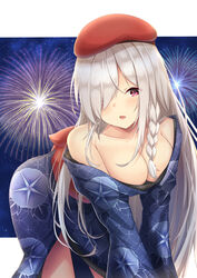  absurdres aratake bare_shoulders beret blue_kimono blush braid breasts cleavage collarbone commentary feet_out_of_frame female fireworks g36c_(girls&#039;_frontline) g36c_(ode_to_summer)_(girls&#039;_frontline) girls&#039;_frontline hair_over_one_eye hat highres japanese_clothes kimono leaning_forward long_hair looking_at_viewer medium_breasts official_alternate_costume open_mouth parted_lips purple_eyes simple_background single_braid solo standing white_hair yukata 