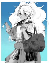  absurdres bad_id bad_pixiv_id bag big_hair blue_background blue_theme breasts cellphone charm_(object) closed_mouth clothes_around_waist cowboy_shot earrings female gyaru highres holding holding_phone jacket jacket_around_waist jewelry kogal large_breasts long_hair miniskirt monochrome musume_ronshaku neckerchief partially_colored phone pleated_skirt ponytail ringed_eyes rye_(hyn_uka) school_bag school_uniform scrunchie serafuku shoulder_bag skirt smartphone solo wrist_scrunchie yandere_simulator 