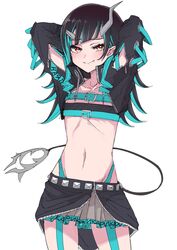  arms_behind_head arms_up bandeau belt black_hair black_jacket black_skirt closed_mouth clothing_cutout collarbone cowboy_shot cropped_jacket demon_girl demon_horns demon_tail female flat_chest garter_straps goten_(510gensoku) high_collar highleg highres horns jacket long_hair looking_at_viewer midriff miniskirt multicolored_hair nanashi_inc. navel oerba_yun_fang open_clothes open_jacket pointy_ears red_eyes revealing_clothes shishio_chris shishio_chris_(1st_costume) shoulder_cutout simple_background skirt smile solo standing stomach streaked_hair sugar_lyric tail two-tone_hair virtual_youtuber white_background 