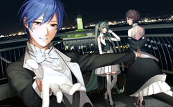  1boy 2girls bare_shoulders blue_eyes blue_hair brown_hair city_lights commentary diffraction_spikes dress flower foreshortening formal gloves green_hair hair_flower hair_ornament hand_up hatsune_miku kaito_(vocaloid) looking_at_viewer looking_back meiko_(vocaloid) miku_symphony_(vocaloid) multiple_girls night nokuhashi outdoors outstretched_arms railing reaching reaching_towards_viewer ribbon short_hair smile suit twintails vocaloid 