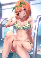  :d bare_arms bare_legs bare_shoulders bikini blue_eyes blurry breasts cleavage clover_print collarbone commentary depth_of_field feet_out_of_frame female go-toubun_no_hanayome green_bikini green_hairband green_ribbons hair_between_eyes hair_ribbon hairband highres indoors kagari_liroi medium_breasts nakano_yotsuba navel open_mouth orange_hair pool_ladder print_bikini ribbon short_hair side-tie_bikini_bottom sitting smile solo stomach swimsuit wet 