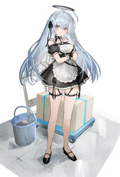  antenna_hair apron black_dress black_footwear blue_hair box breasts bucket cardboard_box closed_mouth dress female full_body gradient_hair grey_hair halo hayama_eishi highres long_hair looking_at_viewer medium_breasts multicolored_hair original red_eyes solo standing thigh_strap very_long_hair white_apron 