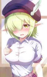  aoi_(princess_connect!) aoi_(transfer_student)_(princess_connect!) arm_at_side beret blush breasts collared_shirt elf female green_hair hair_over_one_eye hand_on_own_chest hat hat_feather highres impossible_clothes impossible_shirt looking_at_viewer medium_breasts medium_hair open_mouth plaid plaid_skirt pointy_ears princess_connect! purple_hat red_skirt school_uniform seiji_(artman) shirt shirt_tucked_in short_sleeves skirt solo st._theresa&#039;s_girls_academy_school_uniform sunlight sweatdrop upper_body white_shirt yellow_eyes 