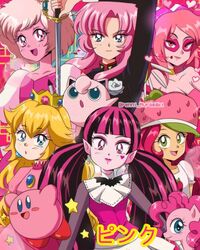  1990s_(style) 6+girls :d black_hair blonde_hair blue_eyes blush_stickers breasts brenni_murasaki cleavage colored_skin crossover crown draculaura earrings heart highres holding holding_sword holding_weapon jewelry jigglypuff kirby kirby_(series) lipstick long_hair looking_at_viewer makeup mario_(series) miss_heed monster_high multicolored_hair multiple_crossover multiple_girls my_little_pony open_mouth pink_diamond_(steven_universe) pink_hair pink_skin pink_theme pinkie_pie_(mlp) pointy_ears pokemon pokemon_(creature) princess_peach red_eyes red_hair retro_artstyle shirt shoujo_kakumei_utena smile steven_universe strawberry_shortcake_(copyright) strawberry_shortcake_(sbsc) striped_hair sword tenjou_utena twintails two-tone_hair villainous weapon white_shirt 