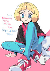  blonde_hair blue_bodysuit blue_eyes blunt_bangs bodysuit closed_mouth crossed_legs dougi eyebrows female greta_(pokemon) nibo_(att_130) pokemon pokemon_emerald pokemon_rse shoelaces shoes sitting smile solo 